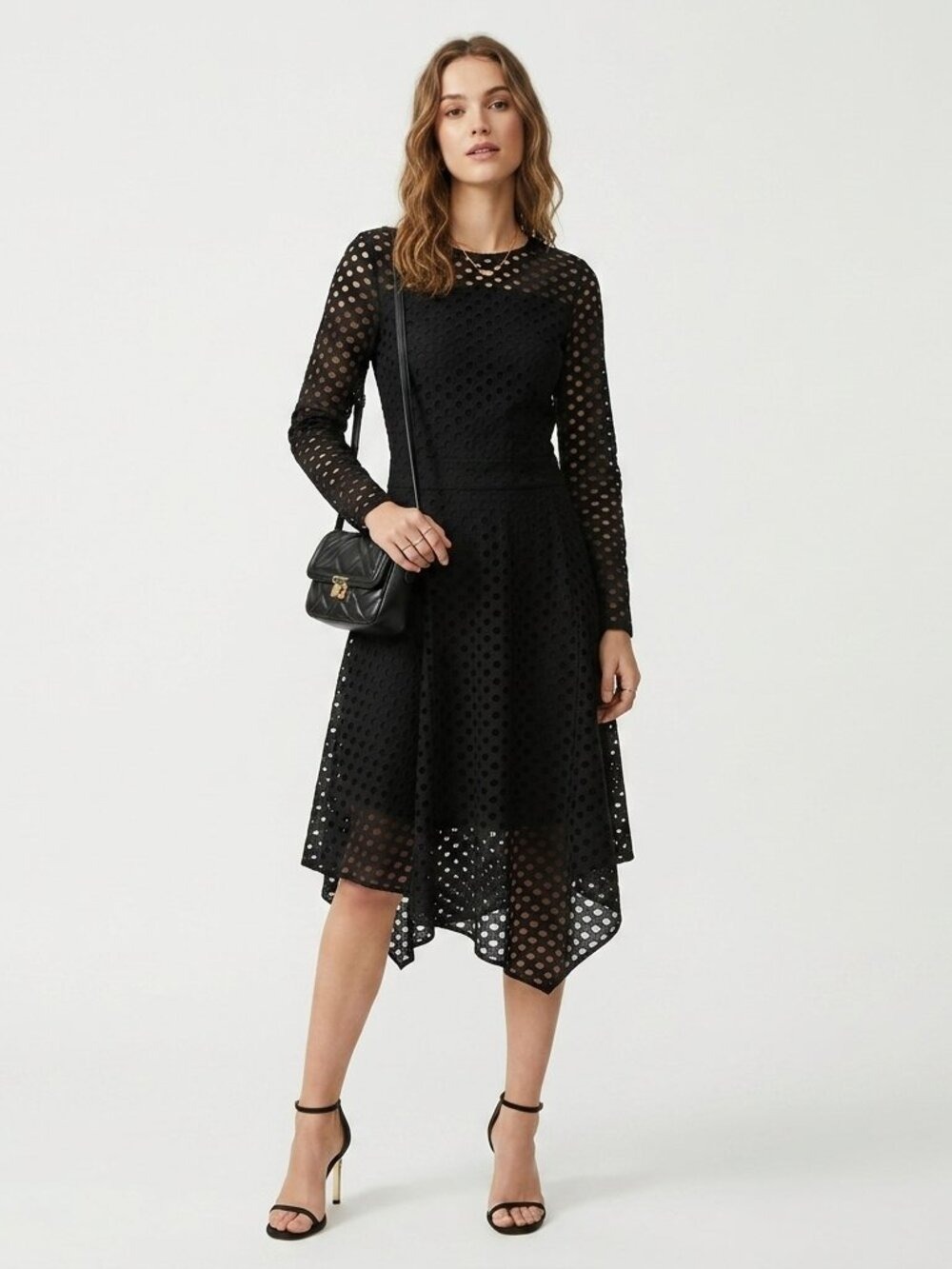 Maje Black Eyelet Fit & Flare Midi Dress Sheer Sleeve Party Dress Size 1 0741